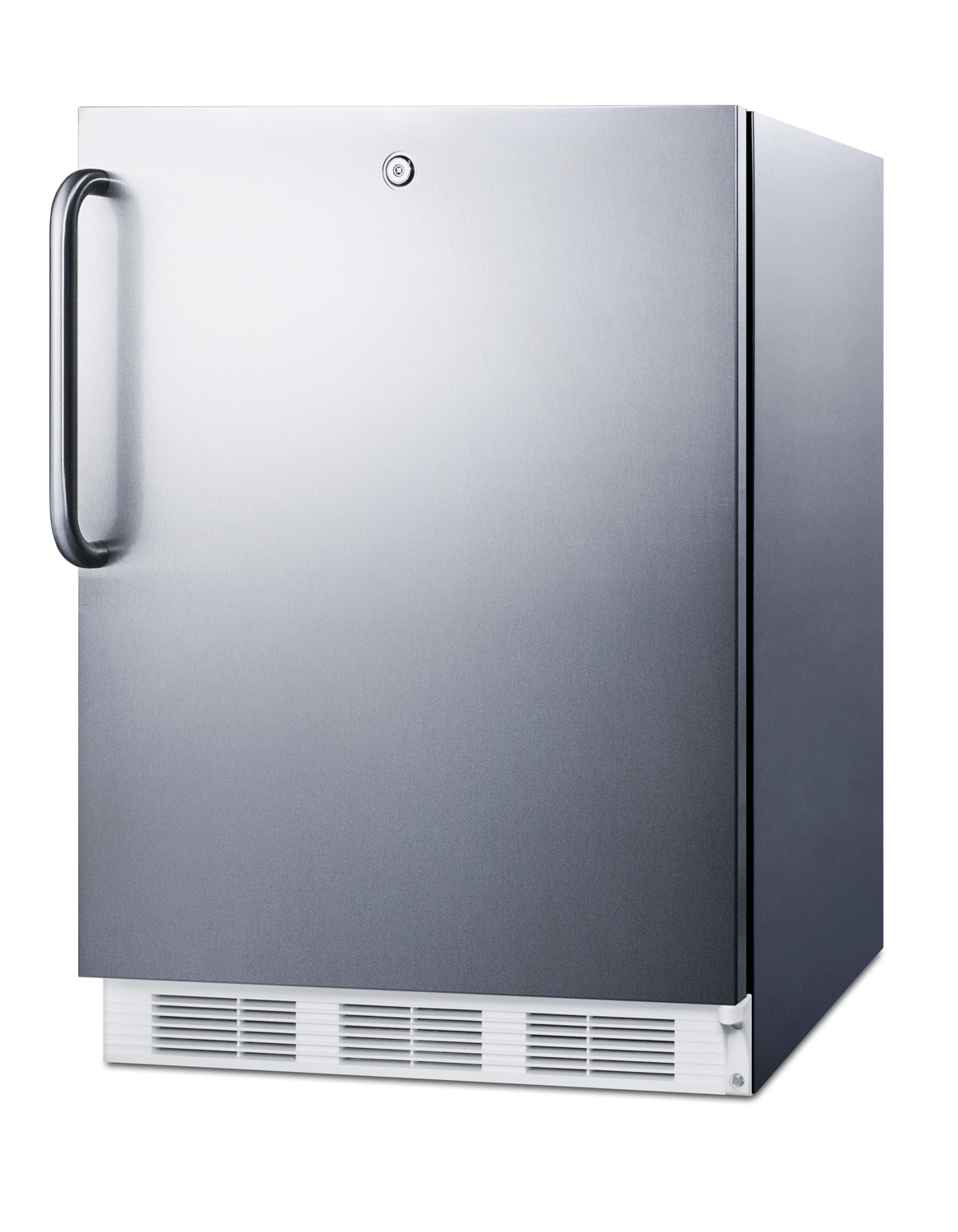 Built-in undercounter ADA compliant refrigerator-freezer for general purpose use, w/dual evaporator cooling, cycle defrost, lock, and SS exterior